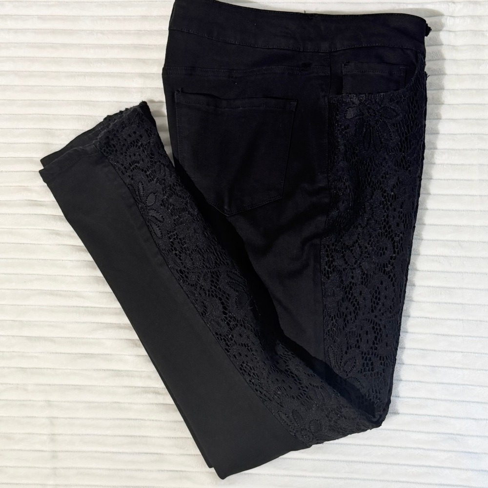 NYDJ Alina Legging Black Floral Lace Overlay Lift‎ Tuck Slim Pants 10P